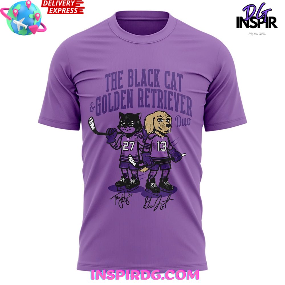 Minnesota Frost Black Cat And Golden Retriever Duo T-Shirt - Image 2