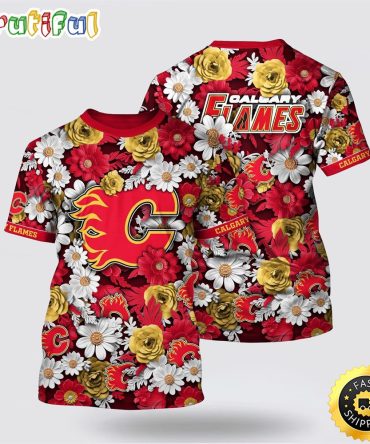 Nhl Calgary Flames All Over Print T Shirt Tropical Begonia Flower Pattern Summer T Shirt