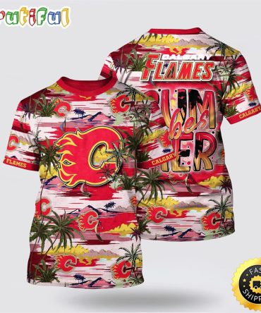 Nhl Calgary Flames All Over Print T Shirt Tropical Desert Island Motif Summer T Shirt