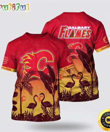 Nhl Calgary Flames All Over Print T Shirt Tropical Flamingo Pattern Summer T Shirt