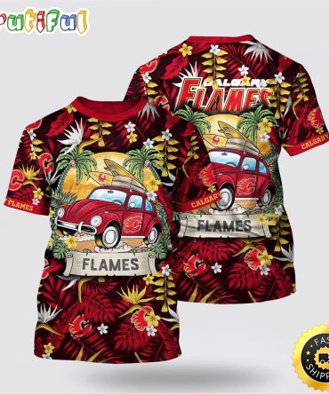Nhl Calgary Flames All Over Print T Shirt Tropical Forest Motif Car Traveling Summer T Shirt