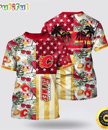 Nhl Calgary Flames All Over Print T Shirt Tropical Hat And Glasses Pattern Summer T Shirt