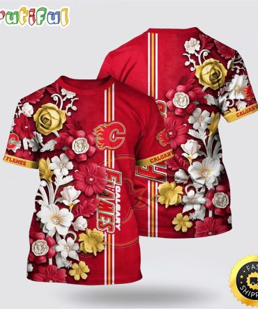 Nhl Calgary Flames All Over Print T Shirt Tropical Hepatica Floral Pattern Summer T Shirt
