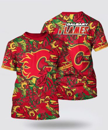 Nhl Calgary Flames All Over Print T Shirt Tropical Leaf Pattern Summer T Shirt