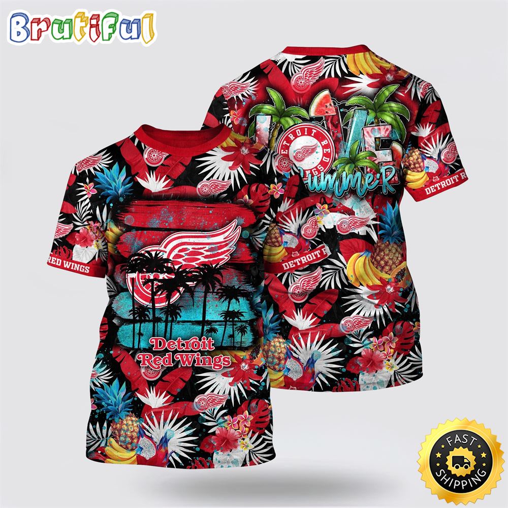 Nhl Detroit Red Wings All Over Print T Shirt With Tropical Fruits Summer T Shirt