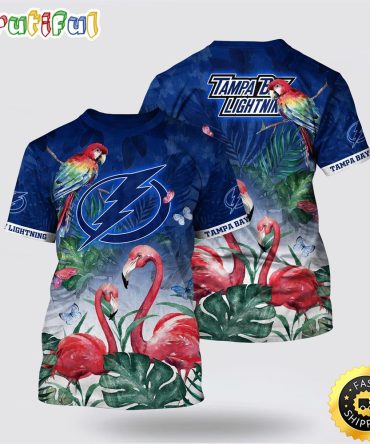 Nhl Tampa Bay Lightning All Over Print T Shirt Tropical Parrot And Flamingo Motifs Summer T Shirt