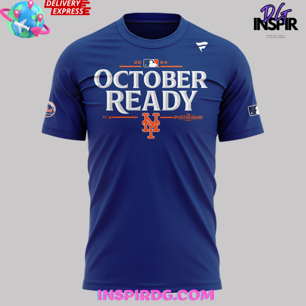 New York Mets October Ready 2024 Postseason Clinched Blue T-Shirt - Image 2