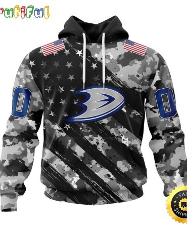 Personalized Nhl Anaheim Ducks All Over Print 3D Hoodie Grey Camo Military Design And Usa Flags On Shoulder Unisex Hoodie