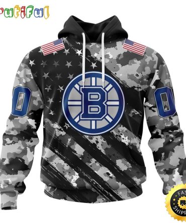 Personalized Nhl Boston Bruins All Over Print 3D Hoodie Grey Camo Military Design And Usa Flags On Shoulder Unisex Hoodie