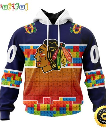 Personalized Nhl Chicago Blackhawks All Over Print 3D Hoodie Autism Awareness Design Unisex Hoodie