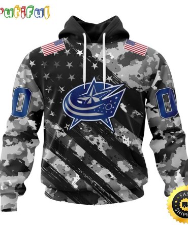 Personalized Nhl Columbus Blue Jackets All Over Print 3D Hoodie Grey Camo Military Design And Usa Flags On Shoulder Unisex Hoodie