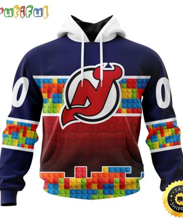 Personalized Nhl New Jersey Devils All Over Print 3D Hoodie Autism Awareness Design Unisex Hoodie