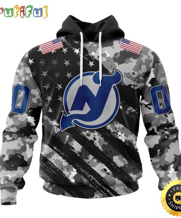 Personalized Nhl New Jersey Devils All Over Print 3D Hoodie Grey Camo Military Design And Usa Flags On Shoulder Unisex Hoodie