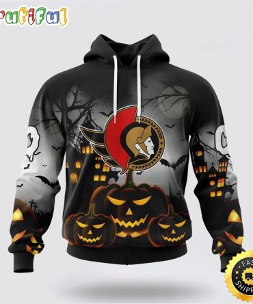 Personalized Nhl Ottawa Senators All Over Print 3D Hoodie Special Design Pumpkins For Halloween