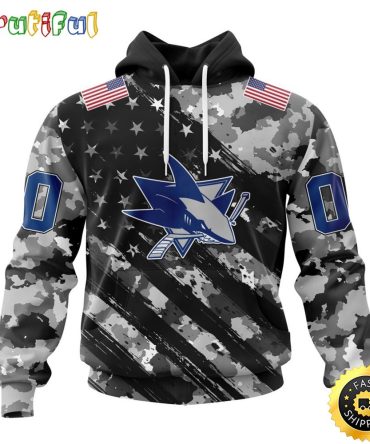 Personalized Nhl San Jose Sharks All Over Print 3D Hoodie Grey Camo Military Design And Usa Flags On Shoulder Unisex Hoodie
