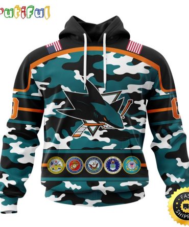 Personalized Nhl San Jose Sharks With Camo Team Color And Military Force Logo All Over Print 3D Hoodie Unisex Hoodie Tshirt Sweatshirt
