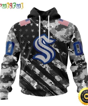 Personalized Nhl Seattle Kraken All Over Print 3D Hoodie Grey Camo Military Design And Usa Flags On Shoulder Unisex Hoodie