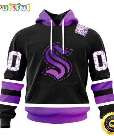 Personalized Nhl Seattle Kraken Hoodie Special Black Hockey Fights Cancer All Over Print 3D Hoodie Unisex Hoodie
