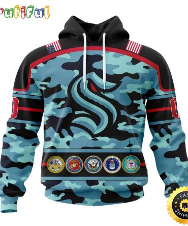 Personalized Nhl Seattle Kraken With Camo Team Color And Military Force Logo All Over Print 3D Hoodie Unisex Hoodie Tshirt Sweatshirt