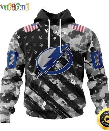 Personalized Nhl Tampa Bay Lightning All Over Print 3D Hoodie Grey Camo Military Design And Usa Flags On Shoulder Unisex Hoodie