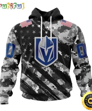 Personalized Nhl Vegas Golden Knights All Over Print 3D Hoodie Grey Camo Military Design And Usa Flags On Shoulder Unisex Hoodie