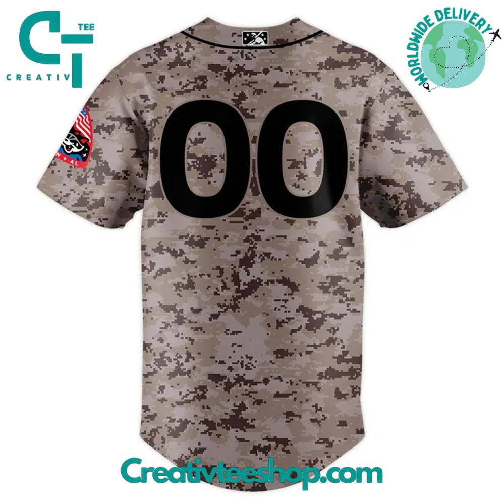 Rocket City Trash Pandas 2025 Armed Forces Day Camo Baseball Jersey - Image 3