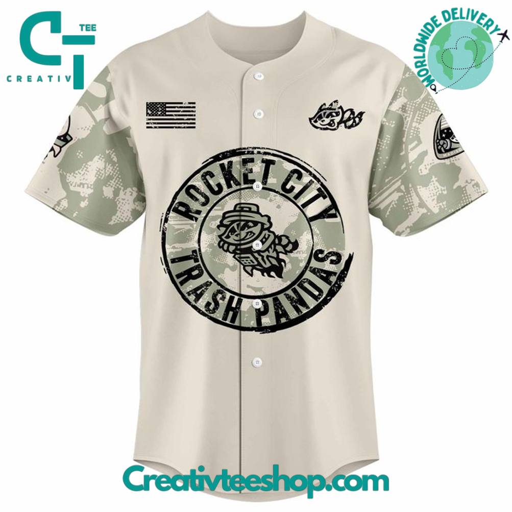 Rocket City Trash Pandas Armed Forces Camo Baseball Jersey - Image 2