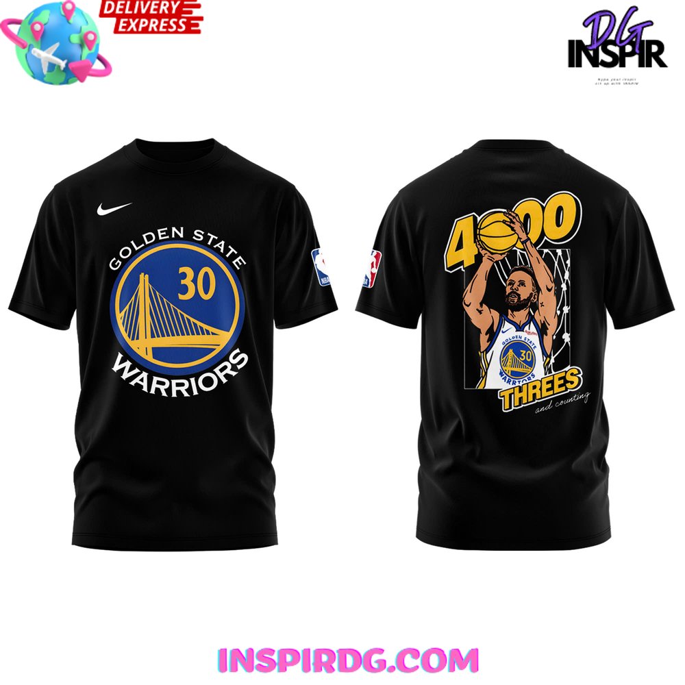 Stephen Curry Golden State Warriors 4,000 Threes And Counting Black T-Shirt - Image 2