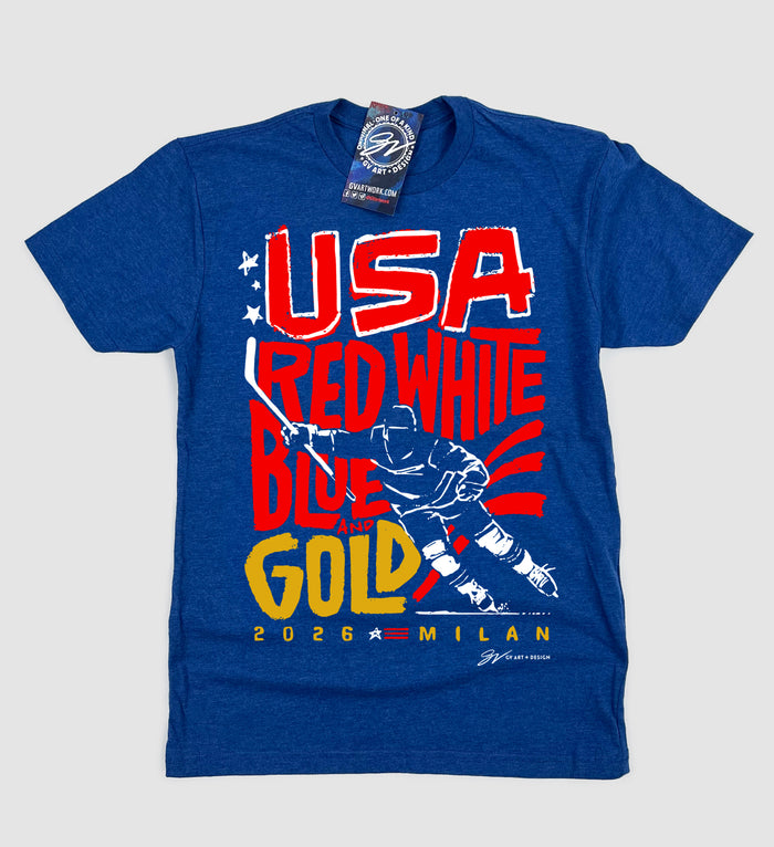 Usa Hockey Red, White, Blue And Gold T Shirt