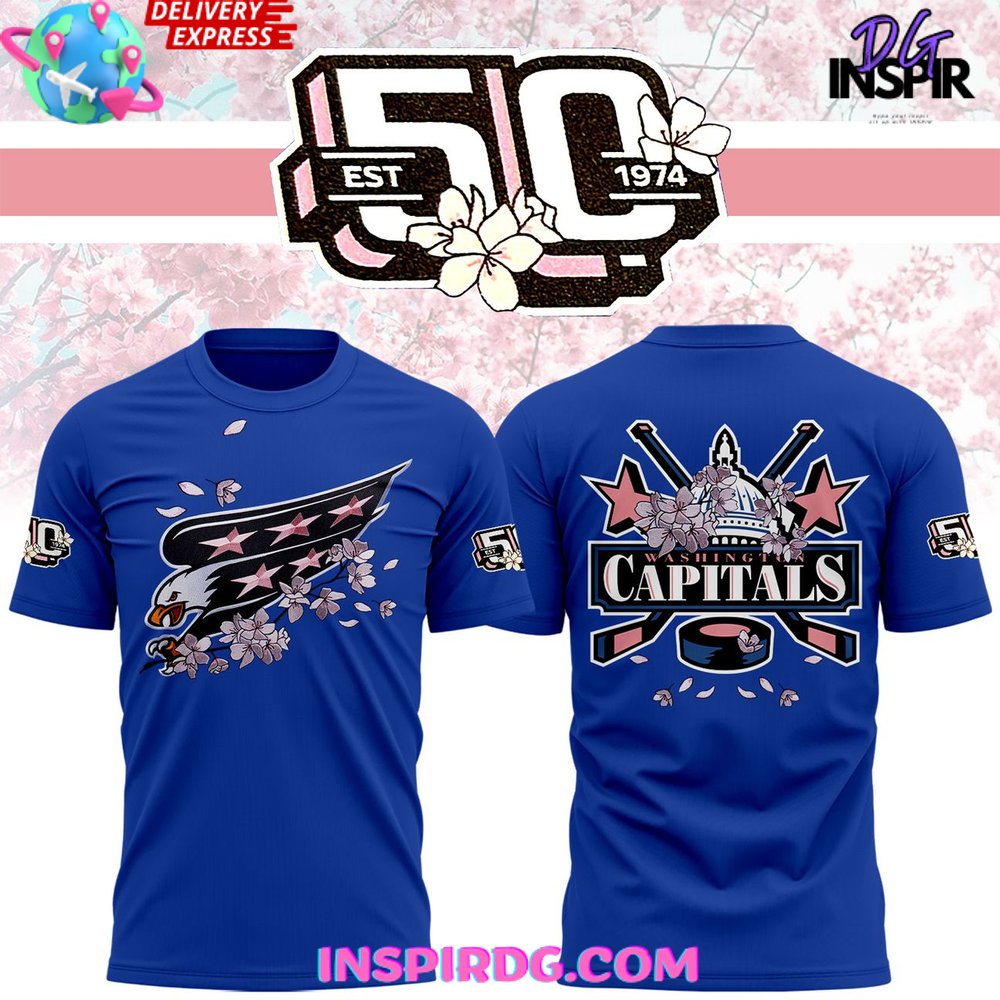 Washington Capitals 50Th Anniversary Cherry Blossom Blue T-Shirt