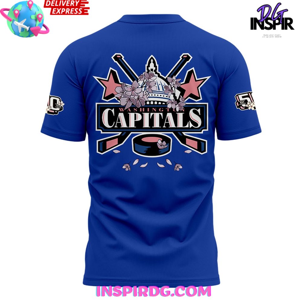 Washington Capitals 50Th Anniversary Cherry Blossom Blue T-Shirt - Image 3