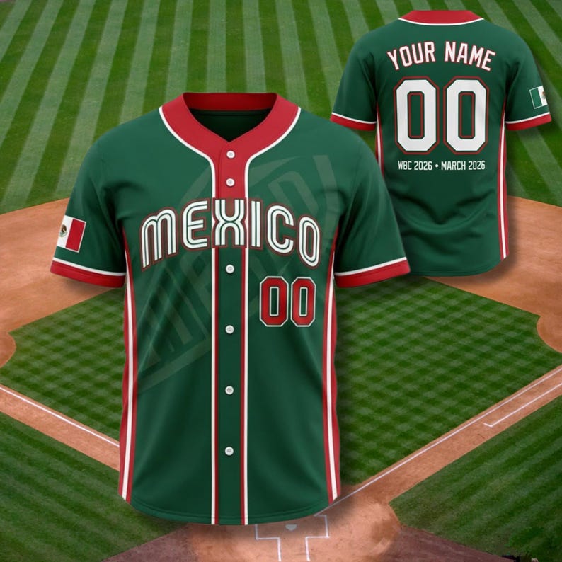 Mexico Baseball Fan Jersey Wbc 2026 Green Button Up Shirt Custom Name Number