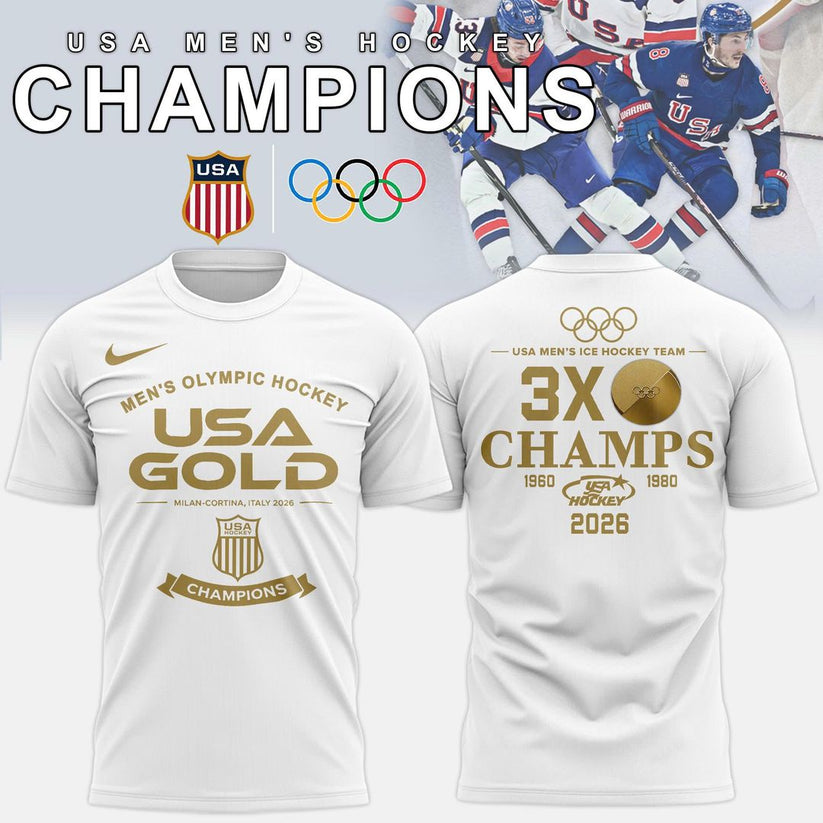 Usa Men’S Ice Hockey Team Olympic 2026 3X Champions T-Shirt