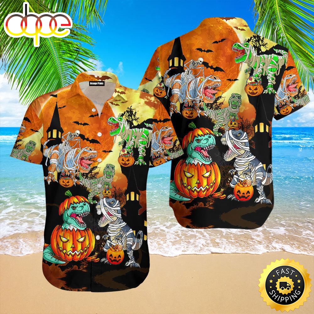 T Rex Dinosaur Happy Halloween Aloha Disney Hawaiian Shirt For Women And Men
