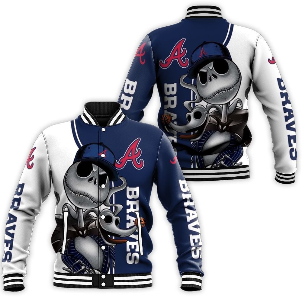 Mlb Atlanta Braves Jack Skellington And Zero 3D Unisex Varsity Jacket
