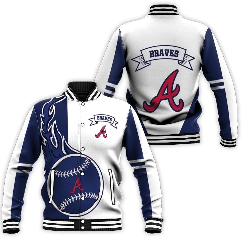 Mlb Atlanta Braves Baseball Logo White Navy Blue 3D Unisex Varsity Jacket