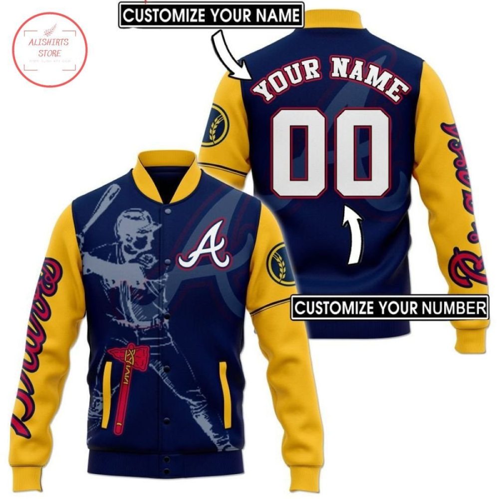 Custom Name And Number Mlb Atlanta Braves Baseball Logo Navy Yellow 3D Unisex Varsity Jacket