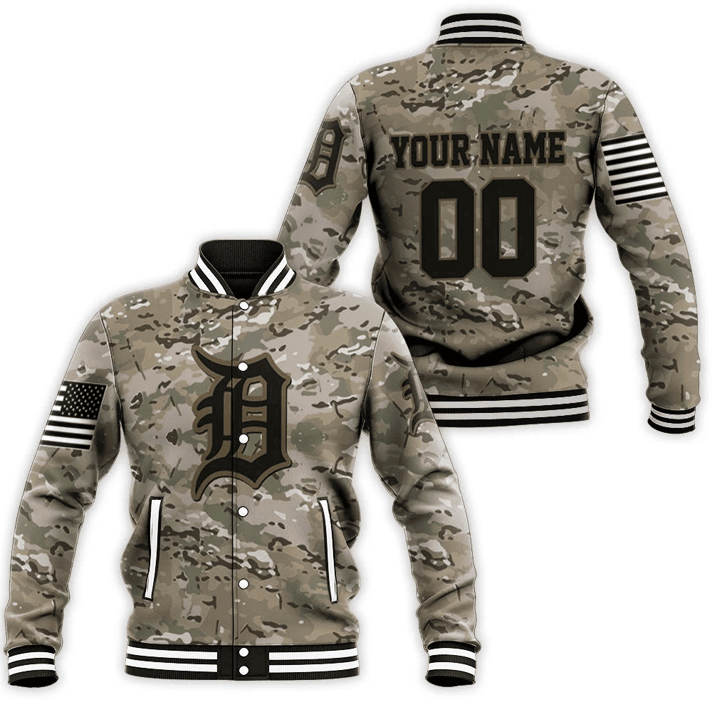 Custom Name And Number Mlb Detroit Tigers Baseball Team Logo Camo 3D Unisex Varsity Jacket