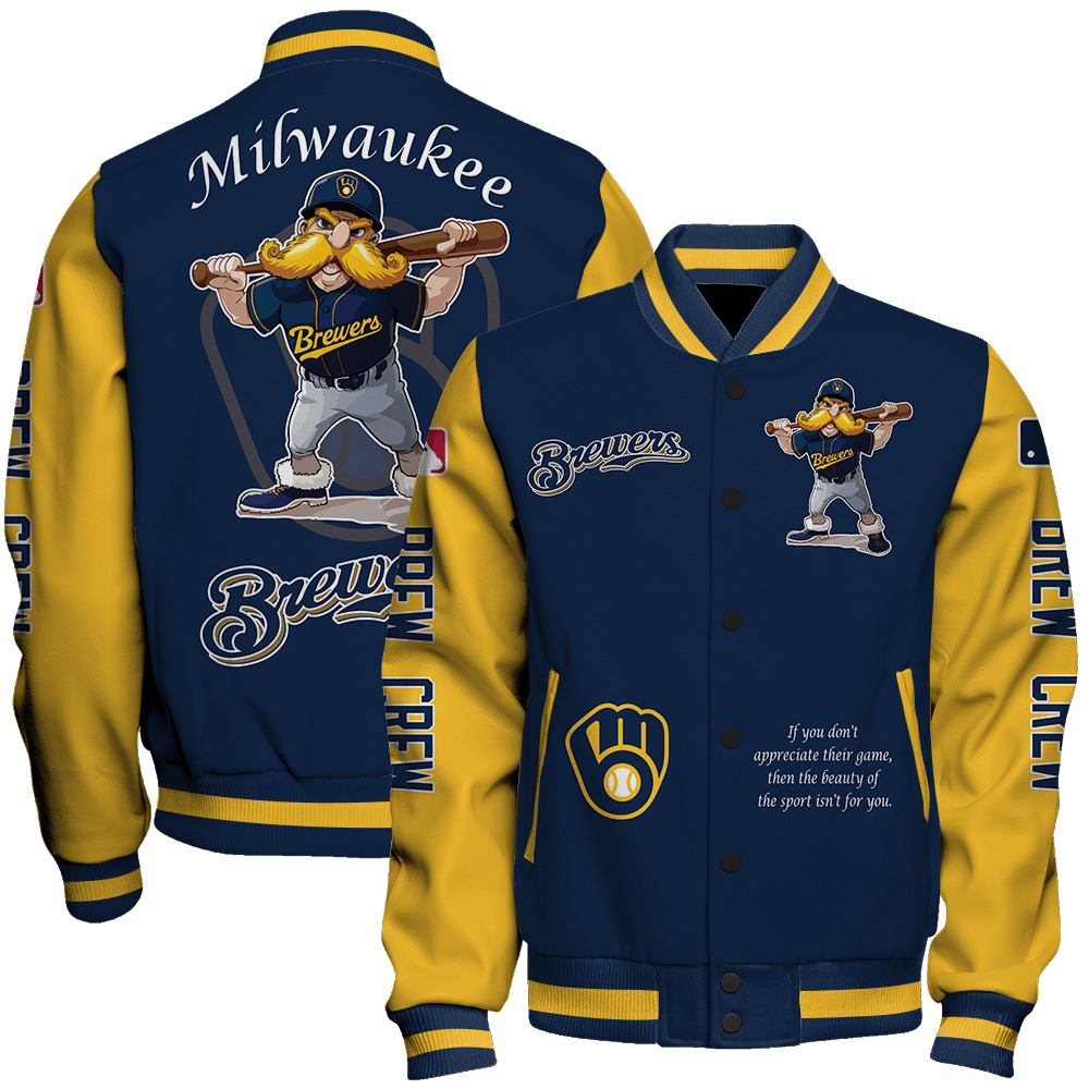 Milwaukee Brewers Mlb Baseball Bernie Brewer Mascot Brew Crew Special Design 3D Unisex Varsity Jacket