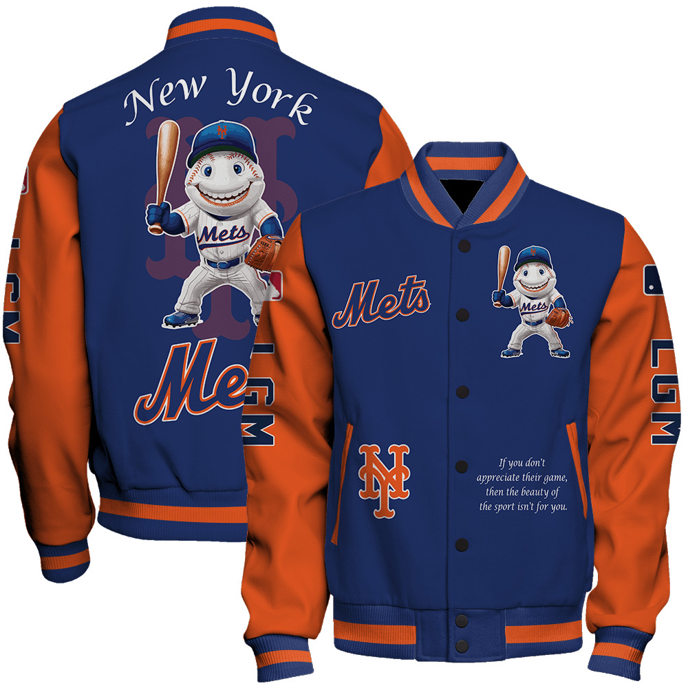 New York Mets Mlb Baseball Mr. Met Mascot Lgm Special Design 3D Unisex Varsity Jacket