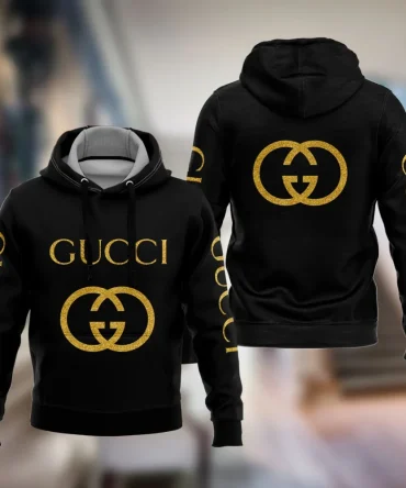 Gucci Black Golden Logo Luxury Unisex Hoodie Luxury Brand Outfit For Men Women