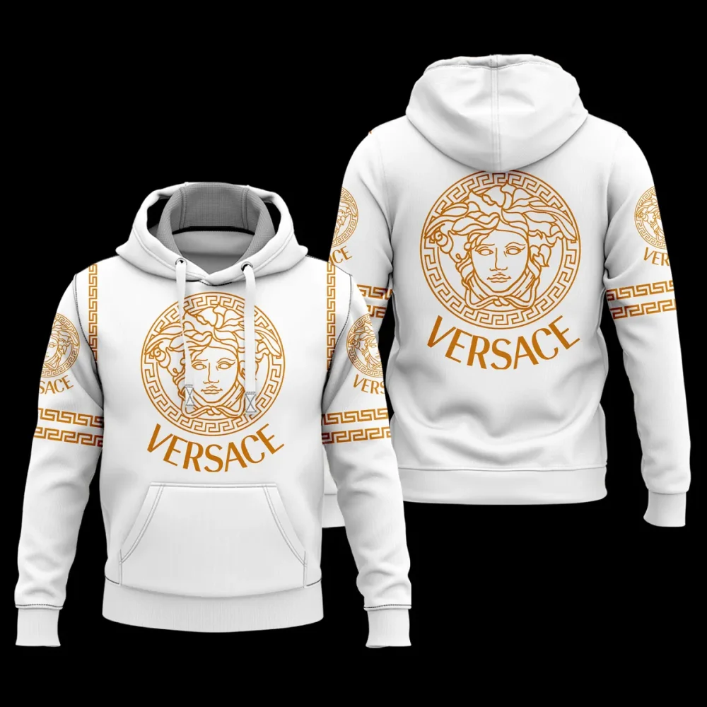 Versace White Golden Logo Luxury Unisex Hoodie Luxury Brand Outfit For Men Women