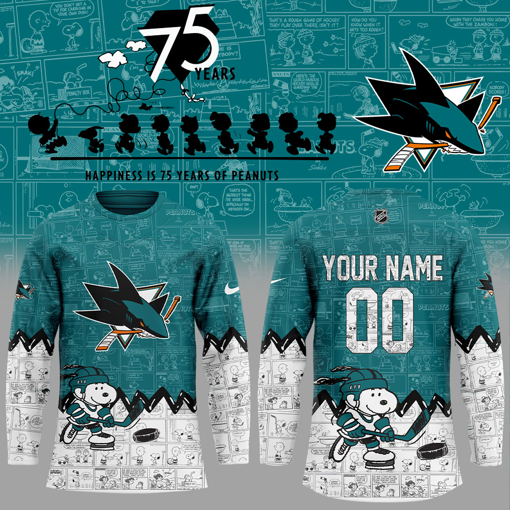 San Jose Sharks 75Th Anniversary Of Peanuts Custom Name, Number For Fans Jersey