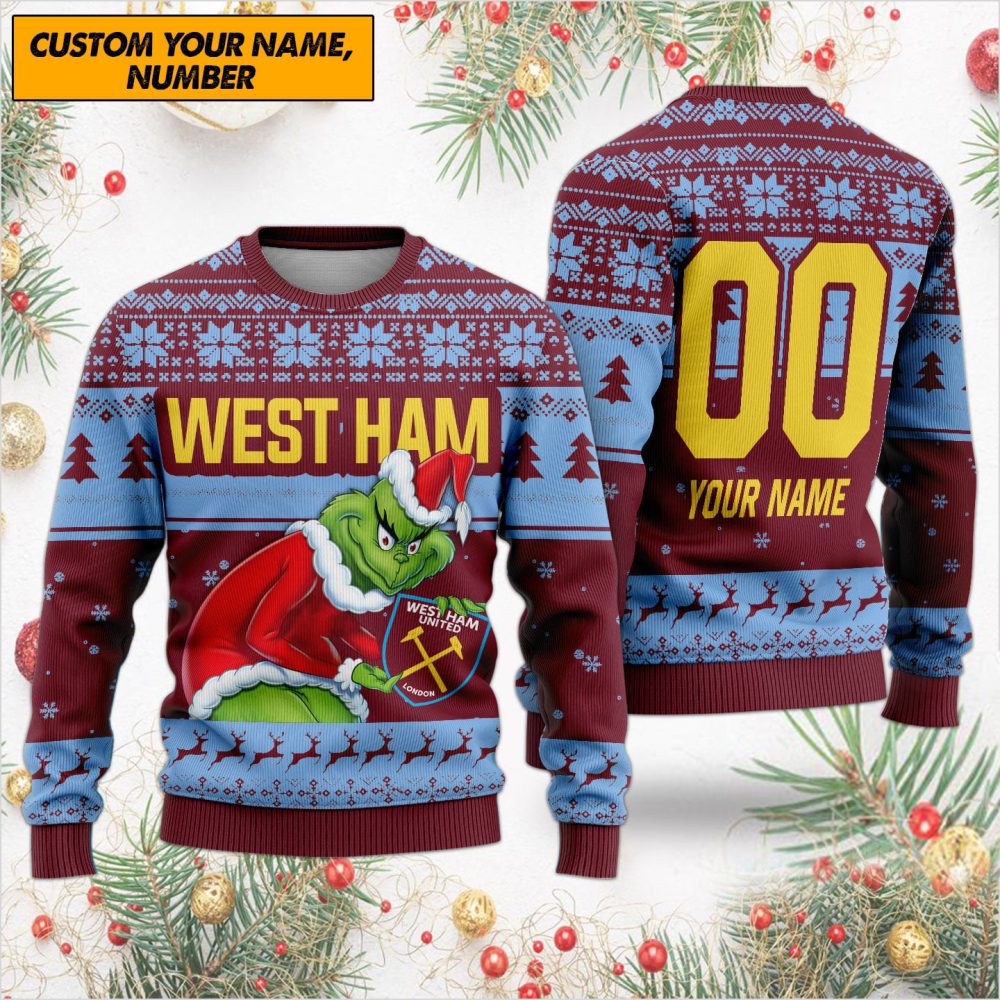 Custom West Ham Christmas Sweater - Personalize With Your Name & Number - Festive Grinch Design