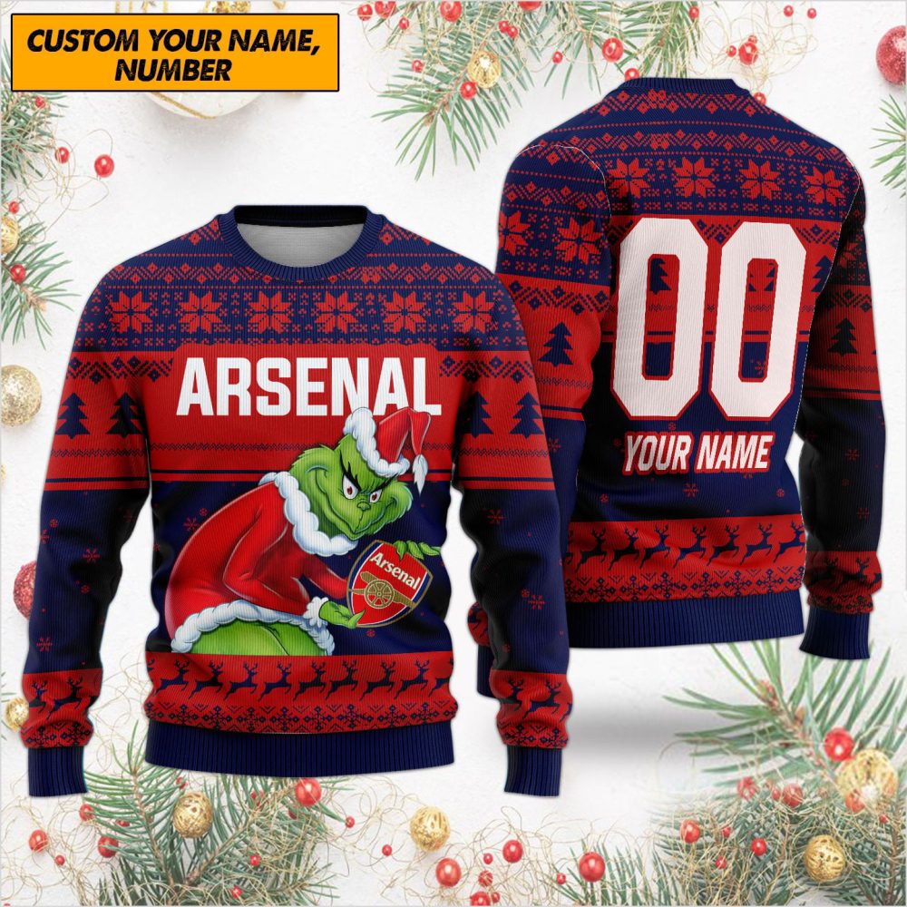 Custom Arsenal Christmas Sweater – Grinch Design, Add Your Name & Number!