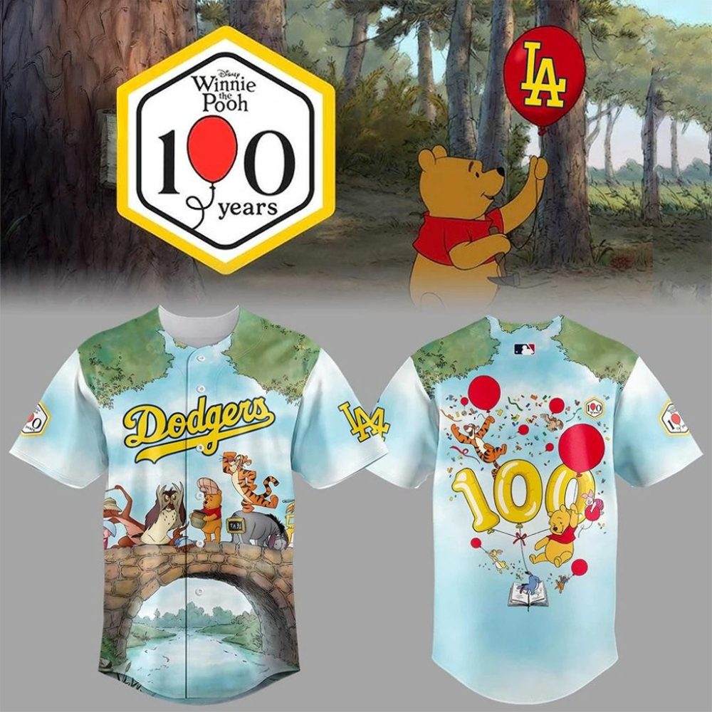Los Angeles Dodgers Winnie Pooh 100 Year Anniversary Baseball Jersey Dodgers Merch Fans Gifts