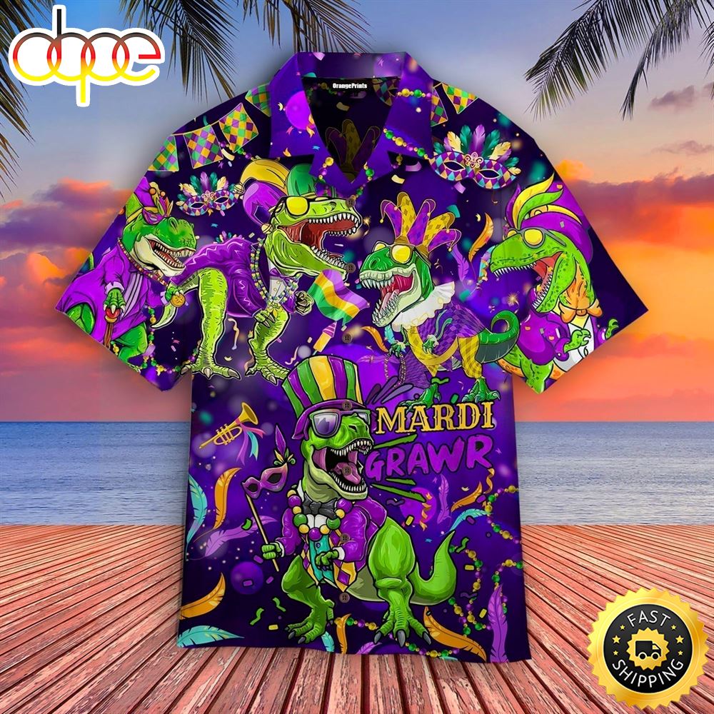 T Rex Dinosaur Mardi Gras Aloha Disney Hawaiian Shirt For Women And Men