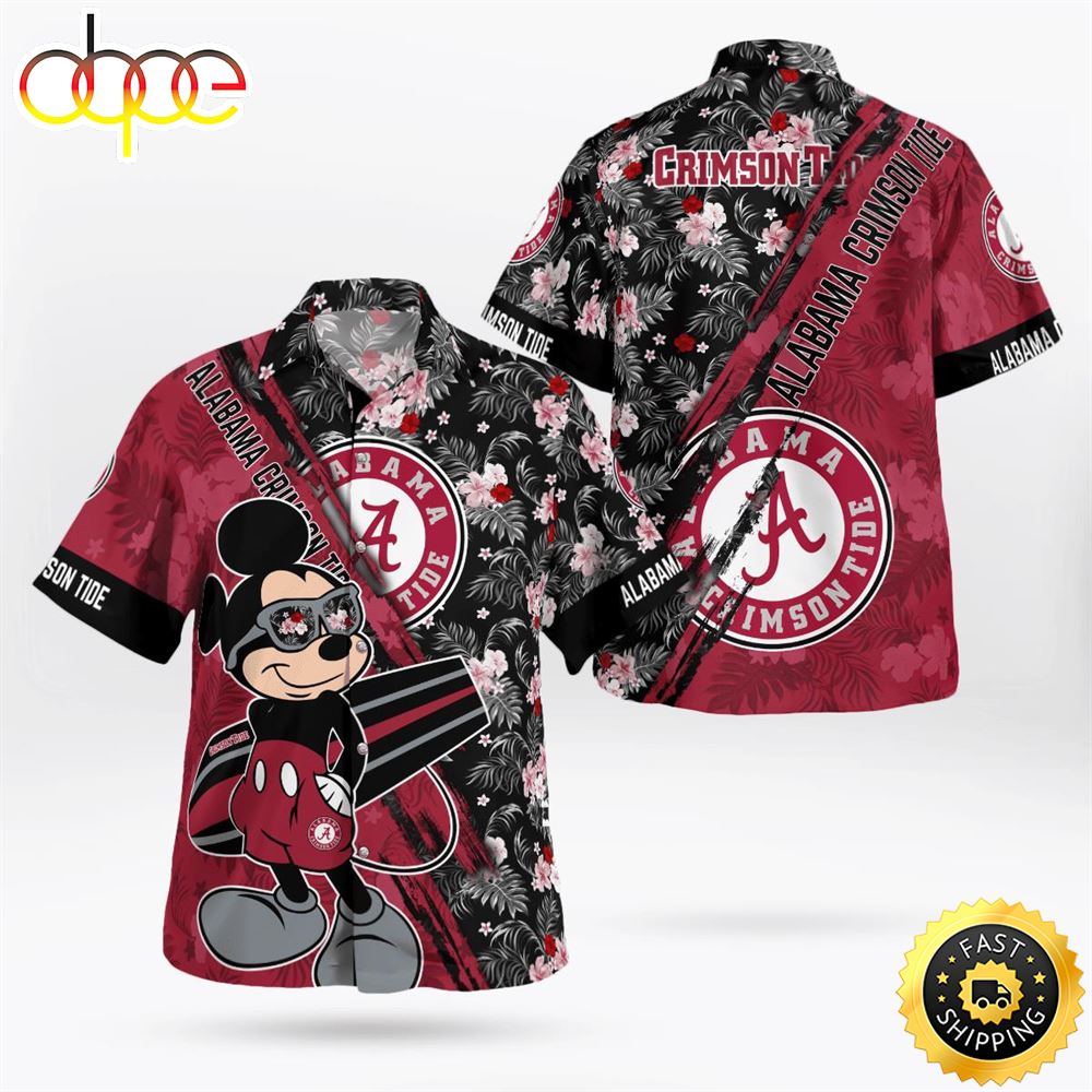 Alabama Crimson Tide Mickey Mouse Floral Short Sleeve Hawaii Shirt