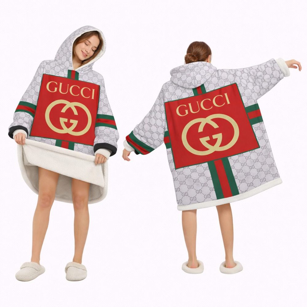 Beige And Green Gucci Blanket Hoodie , Cozy Wearable Blanket Hoodie