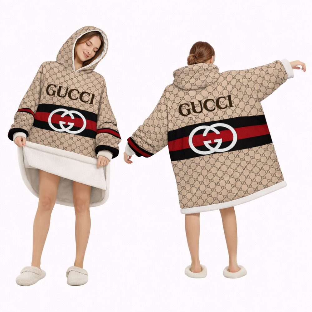 Beige And Striped Red Gucci Blanket Hoodie , Cozy Wearable Blanket Hoodie